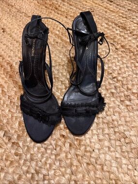 BCBGMaxAzria Black Lace Ankle-Tie Heels